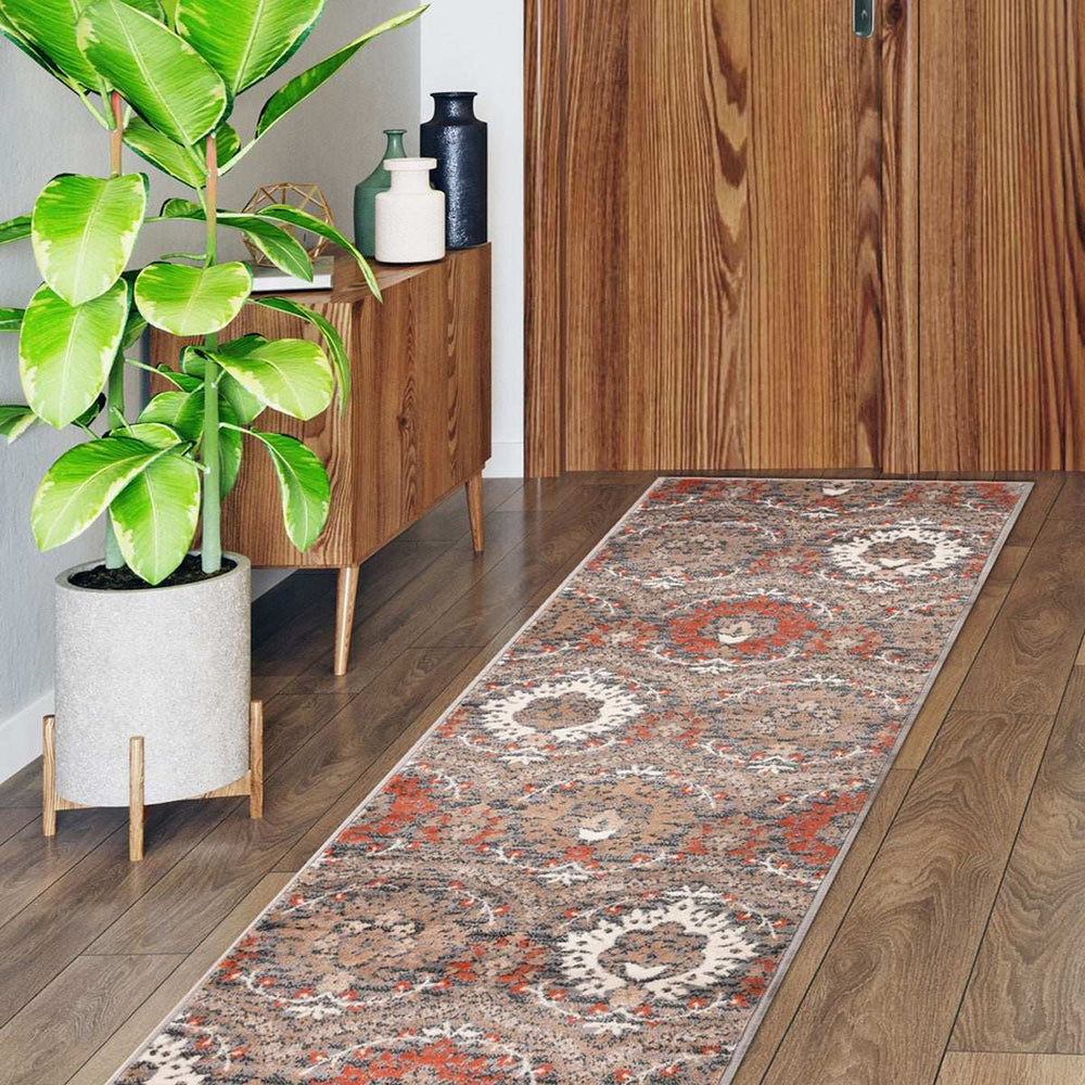 8' Runner Rust Floral Stain Resistant Runner Rug - Homeroots - Flyclothing LLC