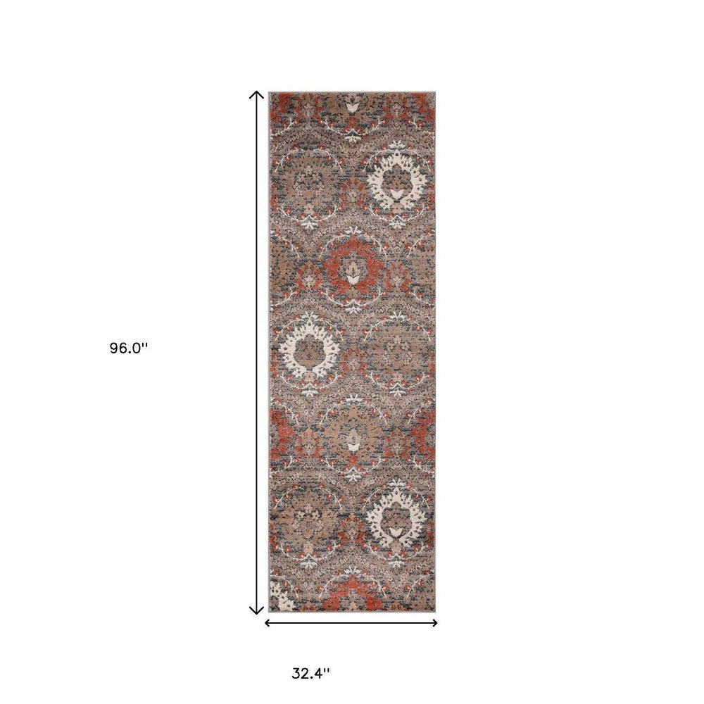 8' Runner Rust Floral Stain Resistant Runner Rug - Homeroots - Flyclothing LLC