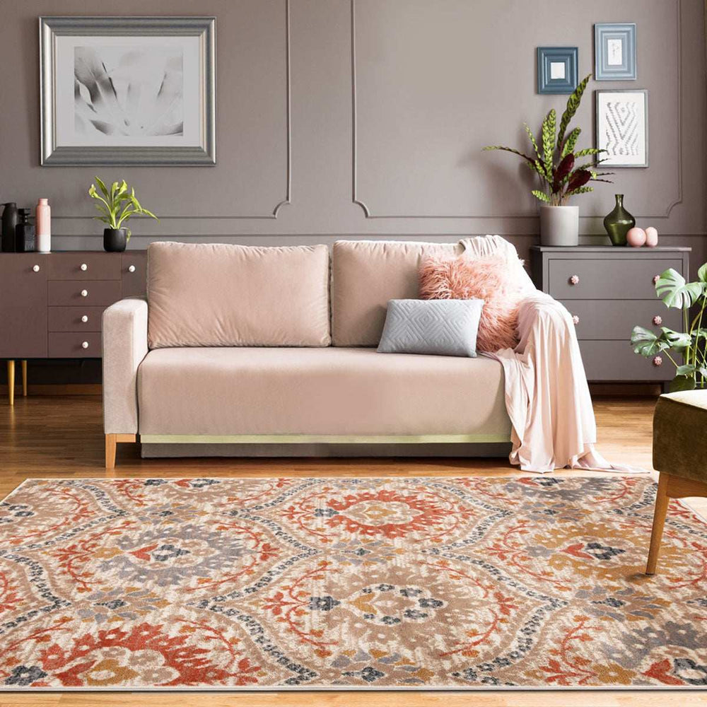 4' X 6' Ivory Orange And Gray Floral Stain Resistant Area Rug - Homeroots - Flyclothing LLC