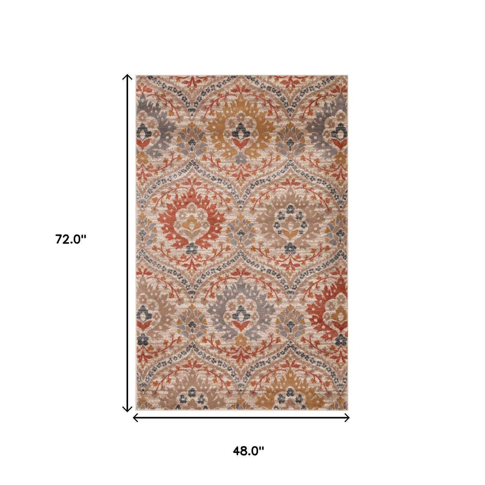 4' X 6' Ivory Orange And Gray Floral Stain Resistant Area Rug - Homeroots - Flyclothing LLC
