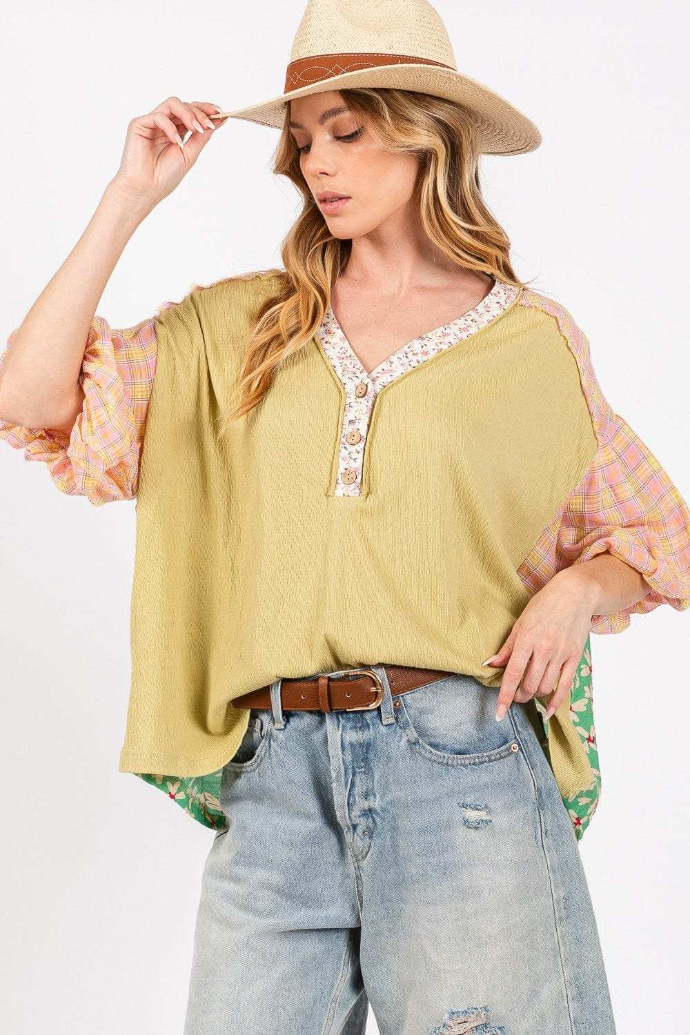 SAGE + FIG Color Block Bubble Sleeve Top - Trendsi - Flyclothing LLC