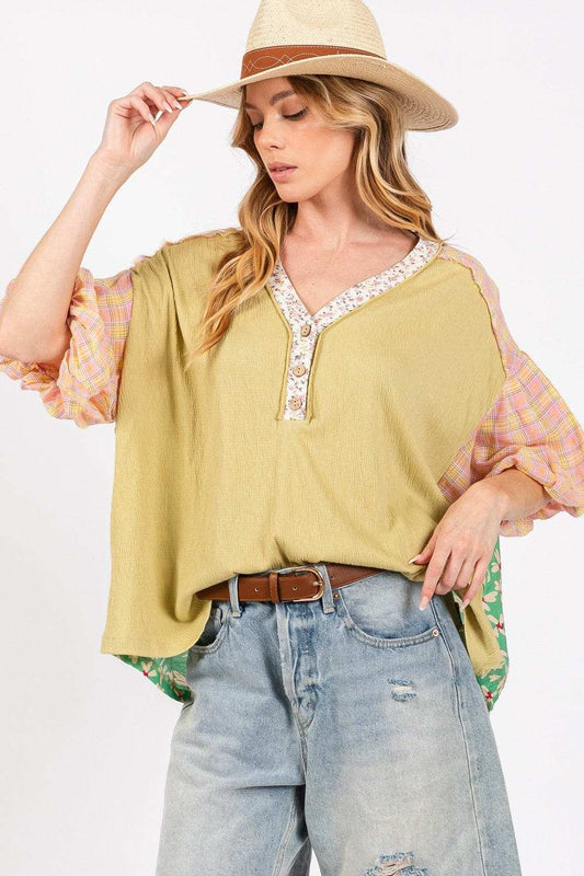 SAGE + FIG Color Block Bubble Sleeve Top - Trendsi - Flyclothing LLC