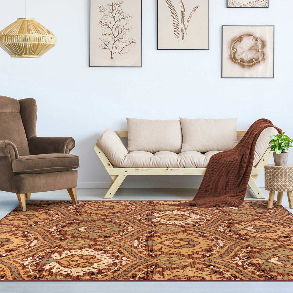 5' X 8' Red Olive And Gold Floral Stain Resistant Area Rug - Homeroots - Flyclothing LLC