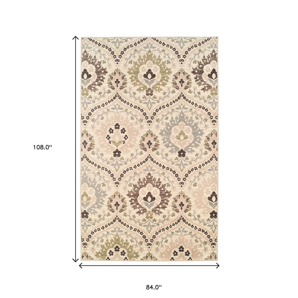 7' X 9' Ivory Gray And Olive Floral Stain Resistant Area Rug - Homeroots - Flyclothing LLC