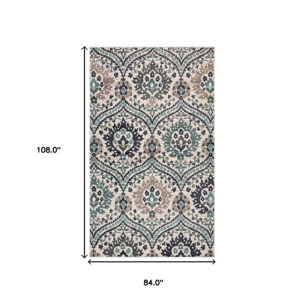 7' X 9' Ivory Blue And Gray Floral Stain Resistant Area Rug - Homeroots - Flyclothing LLC