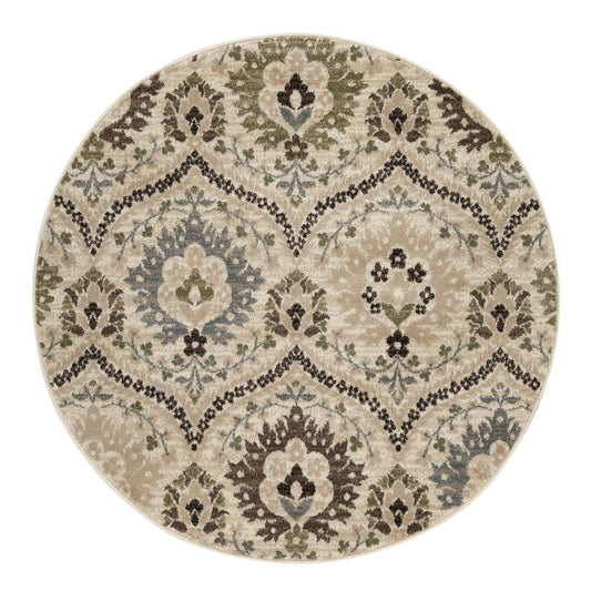 8' Round Ivory Gray And Olive Round Floral Stain Resistant Area Rug - Homeroots - Flyclothing LLC
