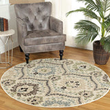 8' Round Ivory Gray And Olive Round Floral Stain Resistant Area Rug - Homeroots - Flyclothing LLC