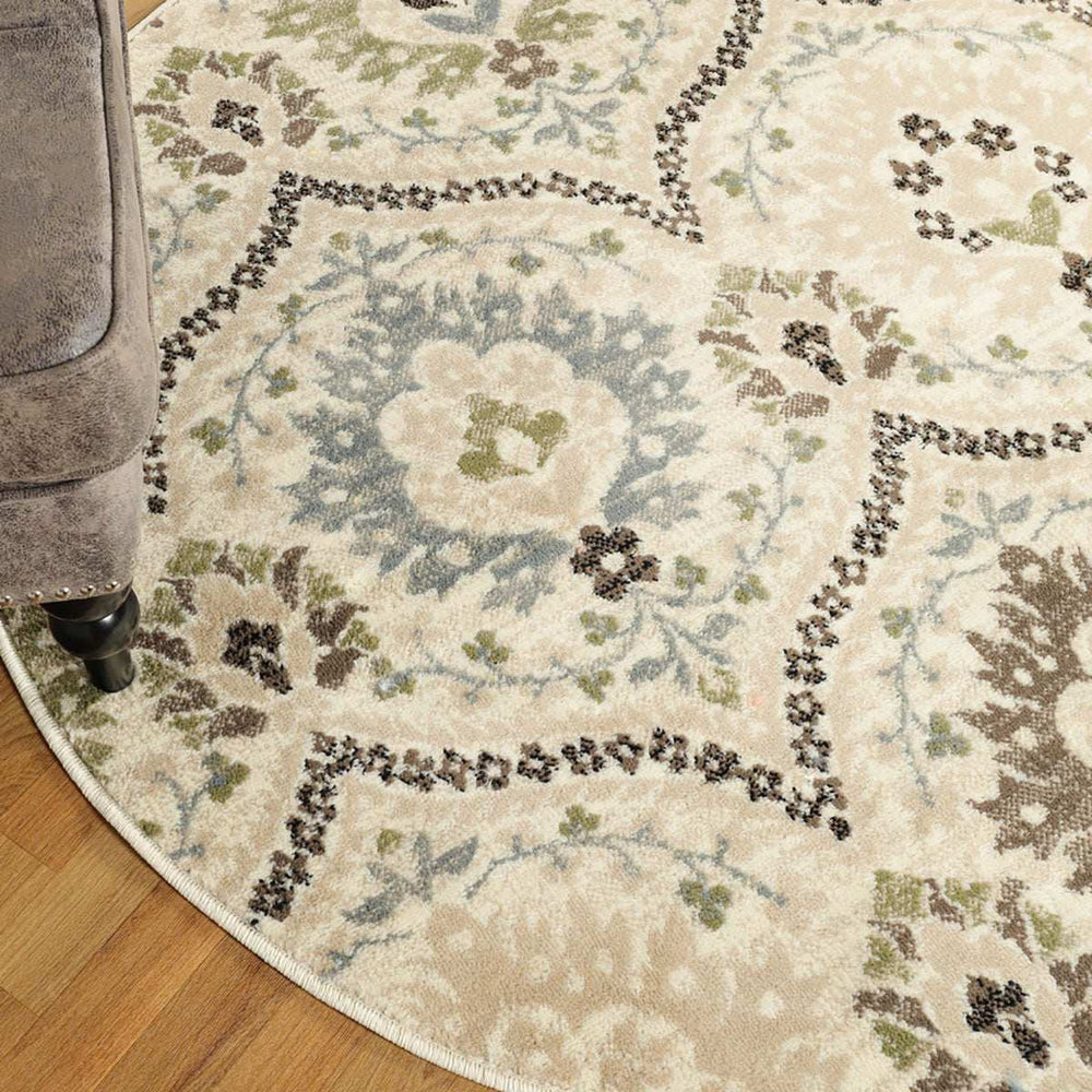 8' Round Ivory Gray And Olive Round Floral Stain Resistant Area Rug - Homeroots - Flyclothing LLC