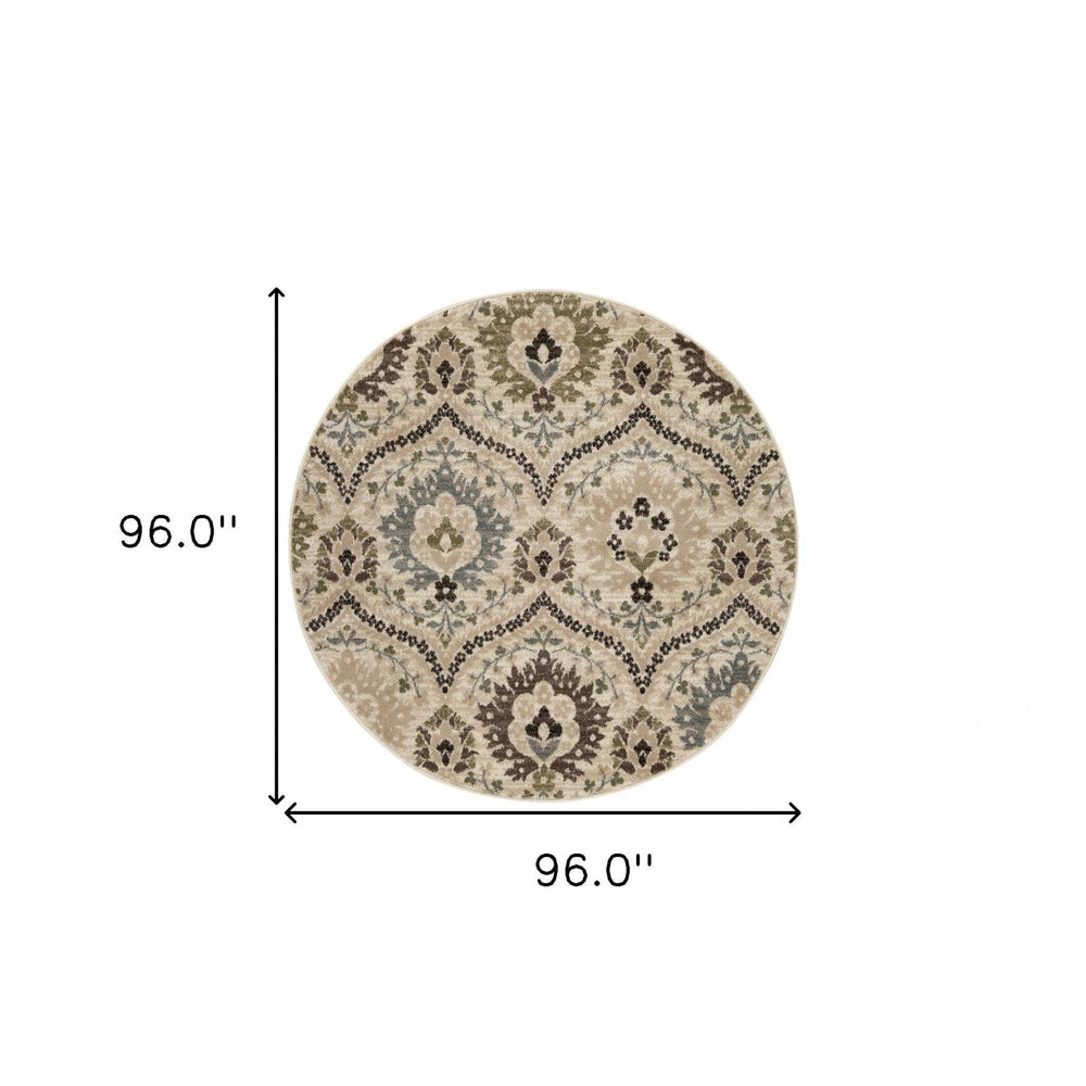 8' Round Ivory Gray And Olive Round Floral Stain Resistant Area Rug - Homeroots - Flyclothing LLC