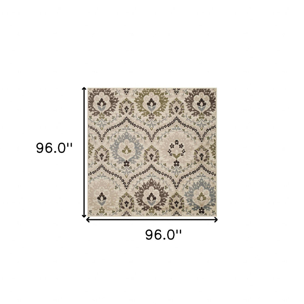 8' Square Ivory Gray And Olive Square Floral Stain Resistant Area Rug - Homeroots - Flyclothing LLC