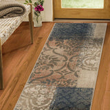 10' Navy And Salmon Damask Distressed Stain Resistant Runner Rug - Homeroots - Flyclothing LLC