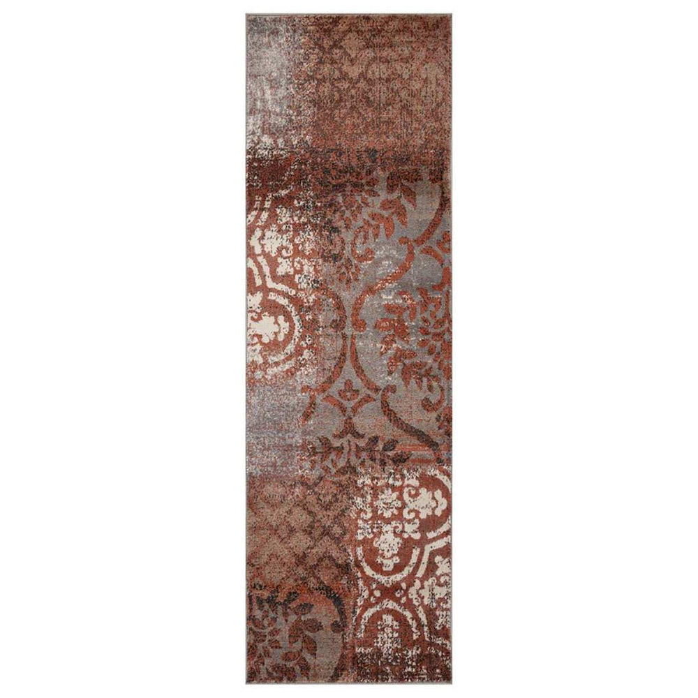 10' Rust And Gray Damask Distressed Stain Resistant Runner Rug - Homeroots - Flyclothing LLC