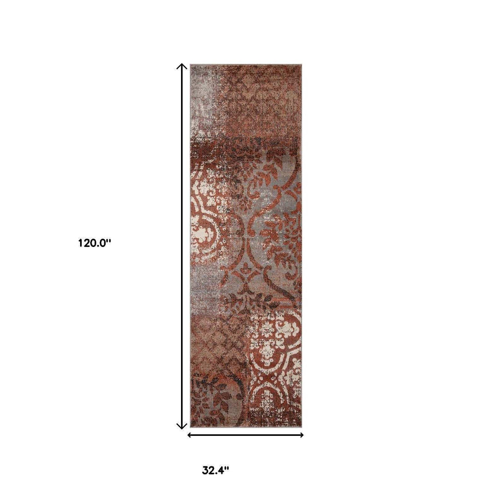 10' Rust And Gray Damask Distressed Stain Resistant Runner Rug - Homeroots - Flyclothing LLC