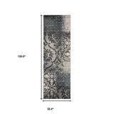 10' Teal And Gray Damask Distressed Stain Resistant Runner Rug - Homeroots - Flyclothing LLC