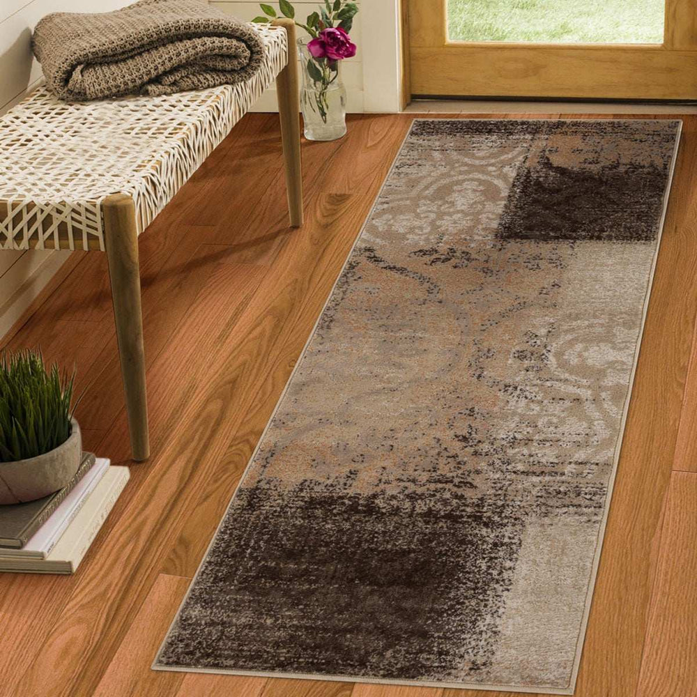 8' Beige Gray And Black Damask Distressed Stain Resistant Runner Rug - Homeroots - Flyclothing LLC