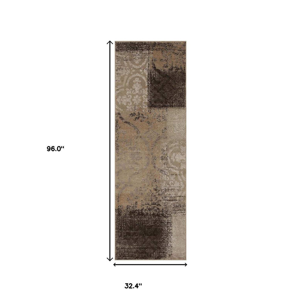 8' Beige Gray And Black Damask Distressed Stain Resistant Runner Rug - Homeroots - Flyclothing LLC