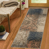 8' Navy And Salmon Damask Distressed Stain Resistant Runner Rug - Homeroots - Flyclothing LLC