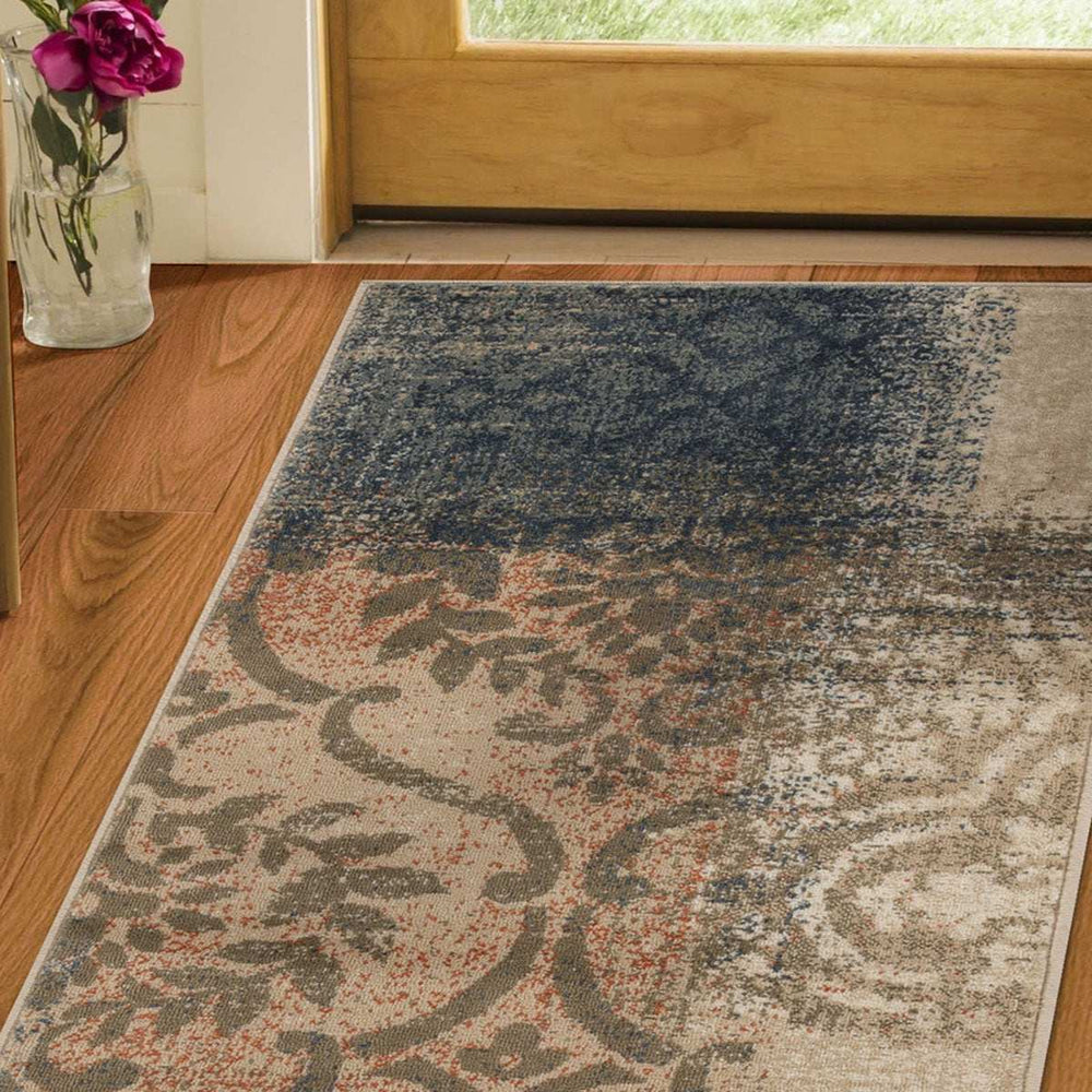 8' Navy And Salmon Damask Distressed Stain Resistant Runner Rug - Homeroots - Flyclothing LLC