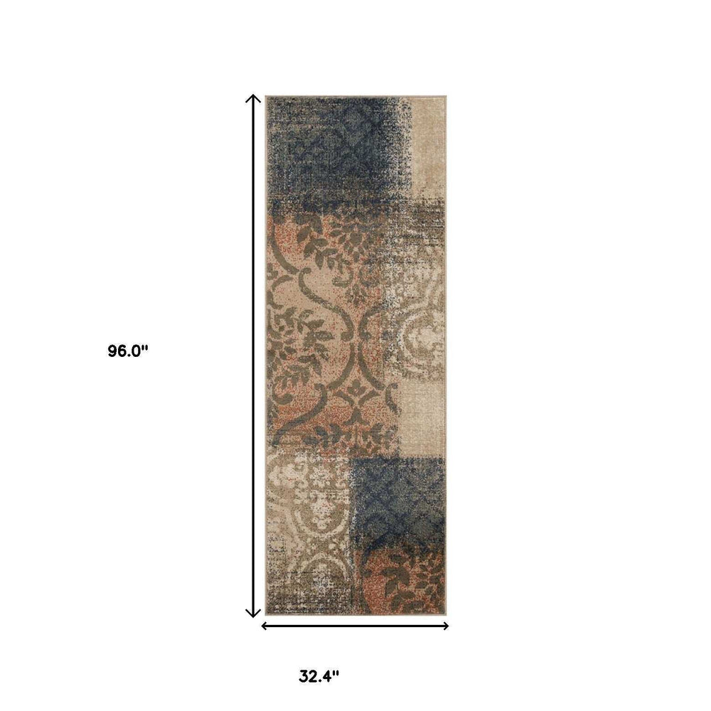 8' Navy And Salmon Damask Distressed Stain Resistant Runner Rug - Homeroots - Flyclothing LLC