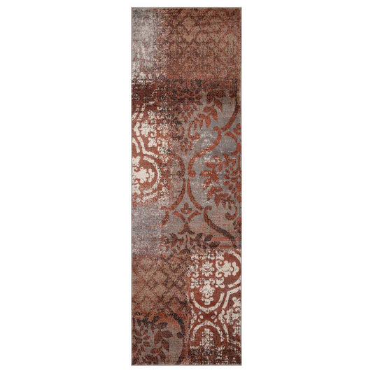 8' Rust And Gray Damask Distressed Stain Resistant Runner Rug - Homeroots - Flyclothing LLC