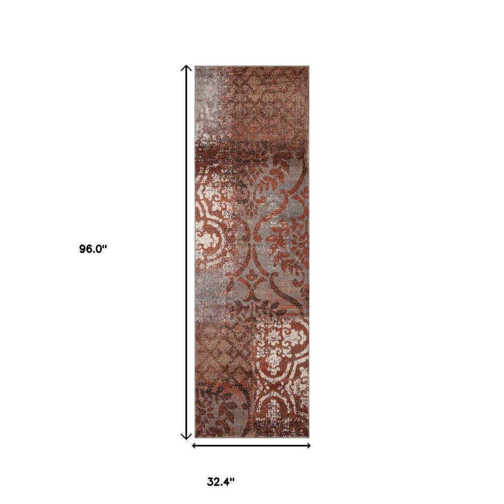 8' Rust And Gray Damask Distressed Stain Resistant Runner Rug - Homeroots - Flyclothing LLC