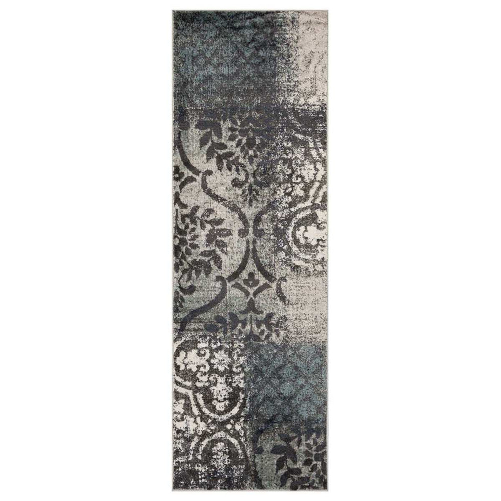 8' Teal And Gray Damask Distressed Stain Resistant Runner Rug - Homeroots - Flyclothing LLC