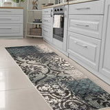 8' Teal And Gray Damask Distressed Stain Resistant Runner Rug - Homeroots - Flyclothing LLC