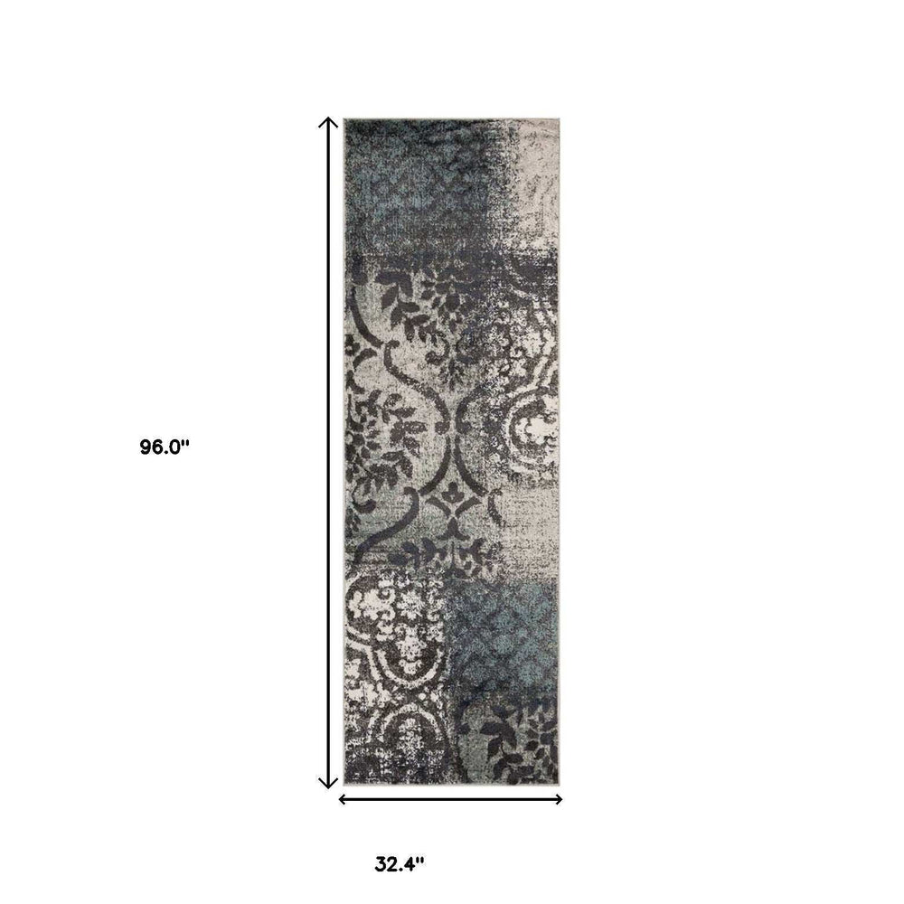 8' Teal And Gray Damask Distressed Stain Resistant Runner Rug - Homeroots - Flyclothing LLC