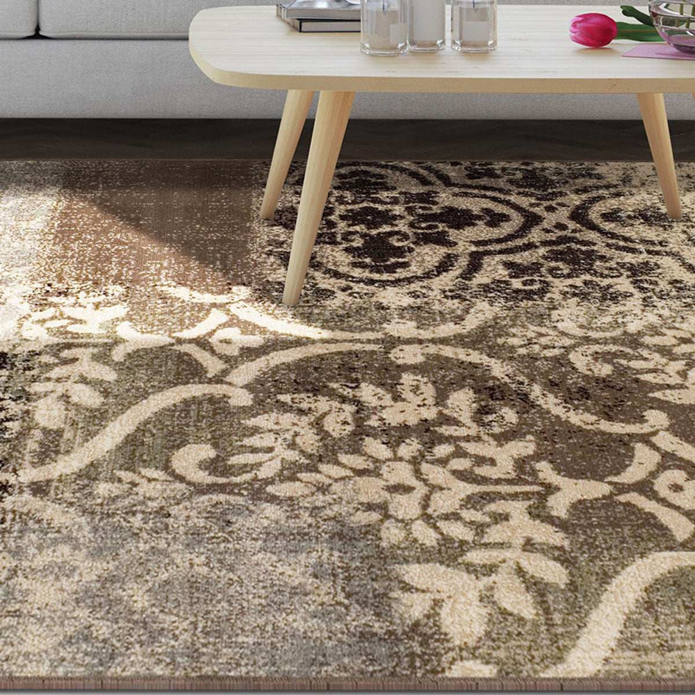 4' X 6' Ivory Light Blue Damask Distressed Stain Resistant Area Rug - Homeroots - Flyclothing LLC