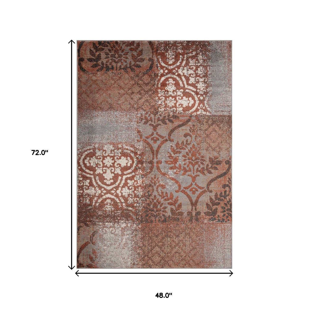 4' X 6' Rust And Gray Damask Distressed Stain Resistant Area Rug - Homeroots - Flyclothing LLC