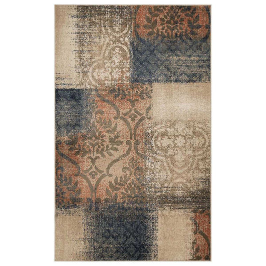 5' X 8' Navy And Salmon Damask Distressed Stain Resistant Area Rug - Homeroots - Flyclothing LLC