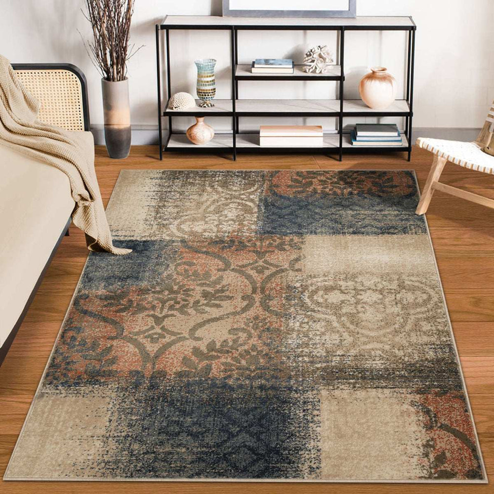 5' X 8' Navy And Salmon Damask Distressed Stain Resistant Area Rug - Homeroots - Flyclothing LLC