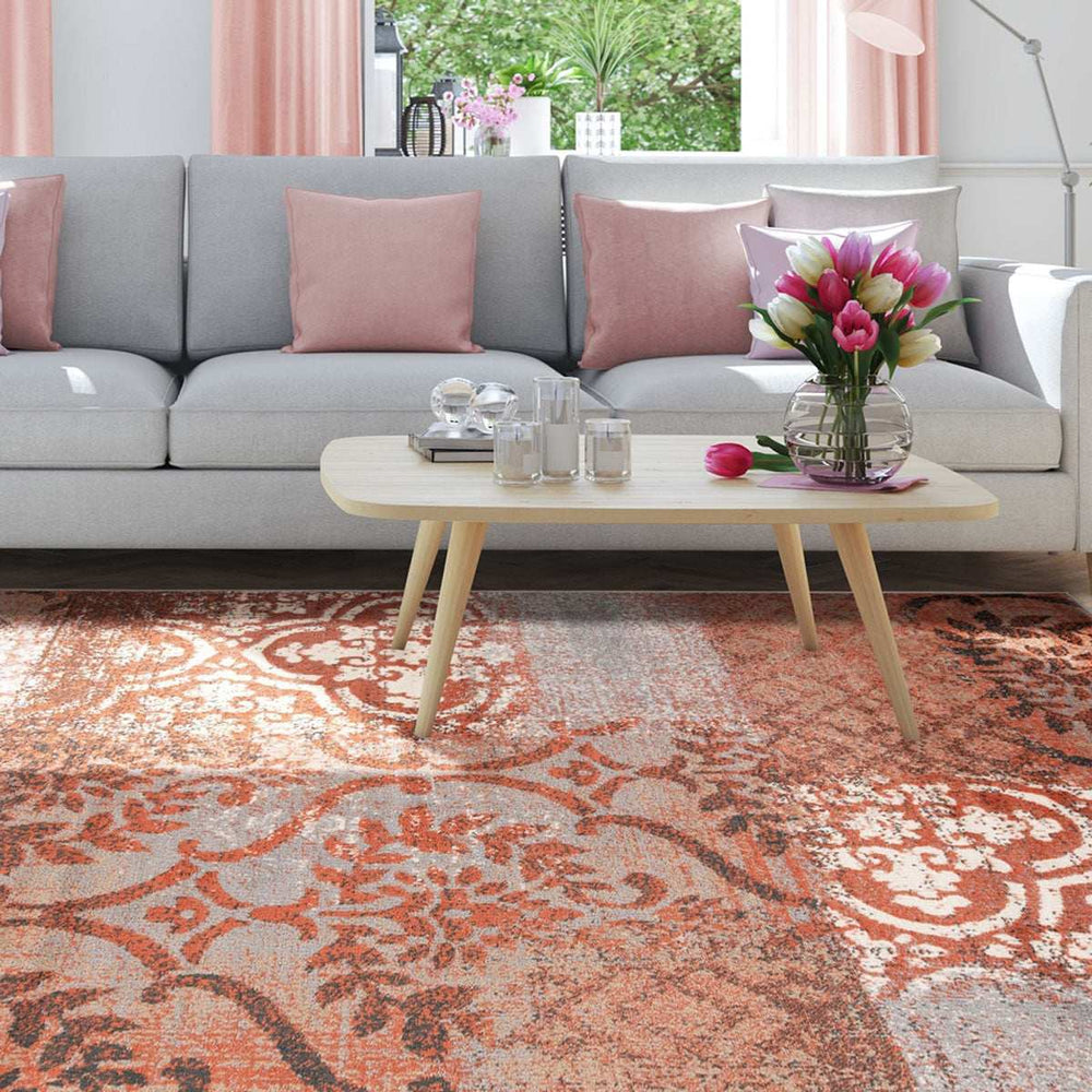 5' X 8' Rust And Gray Damask Distressed Stain Resistant Area Rug - Homeroots - Flyclothing LLC
