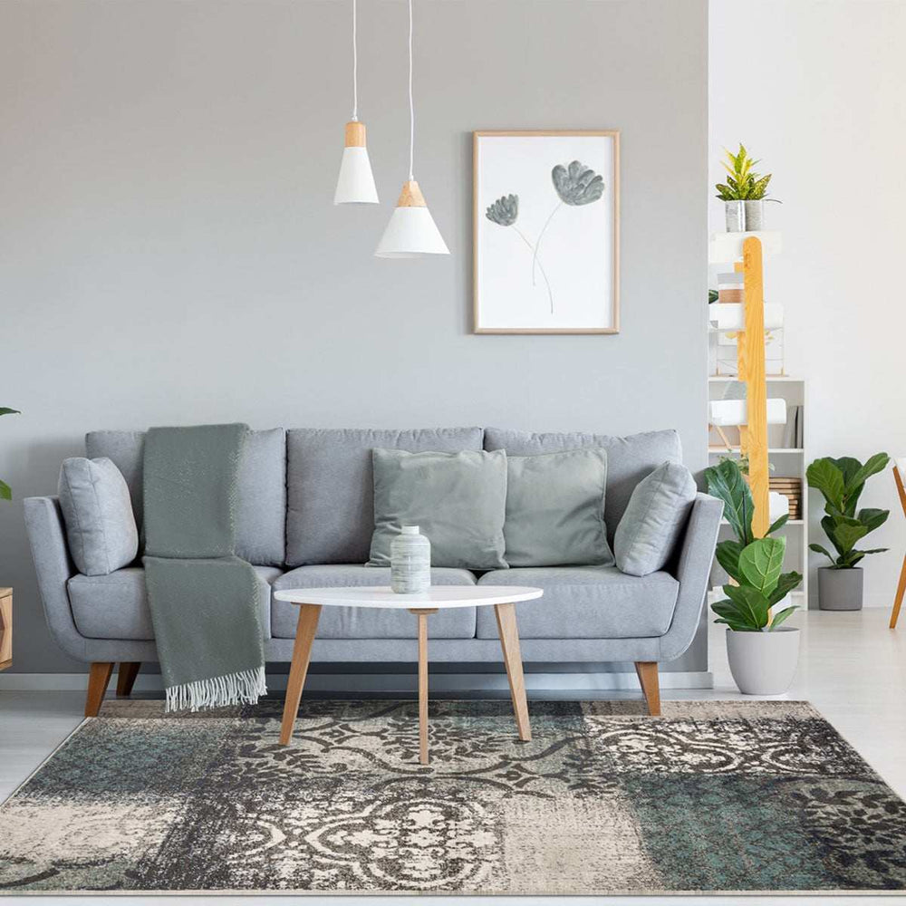 5' X 8' Teal And Gray Damask Distressed Stain Resistant Area Rug - Homeroots - Flyclothing LLC