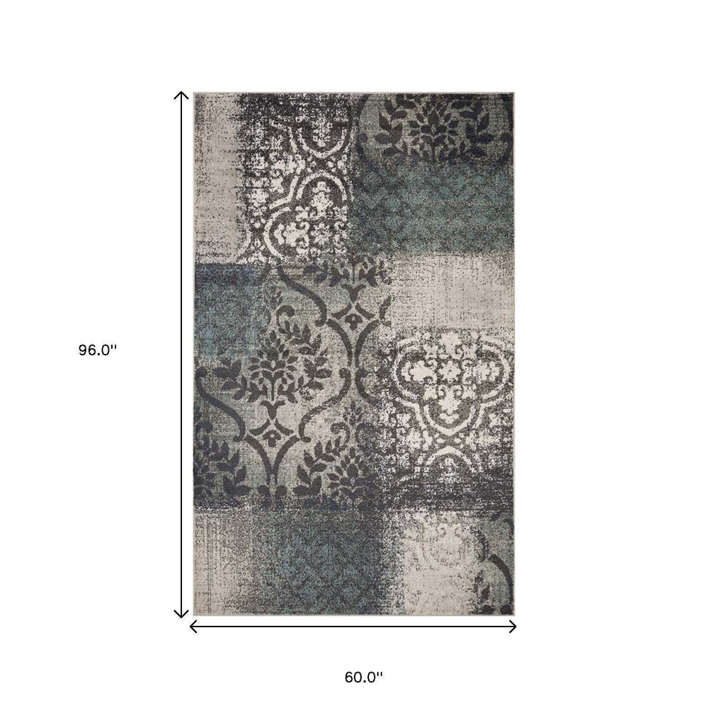 5' X 8' Teal And Gray Damask Distressed Stain Resistant Area Rug - Homeroots - Flyclothing LLC