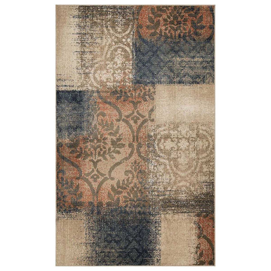 7' X 9' Navy And Salmon Damask Distressed Stain Resistant Area Rug - Homeroots - Flyclothing LLC