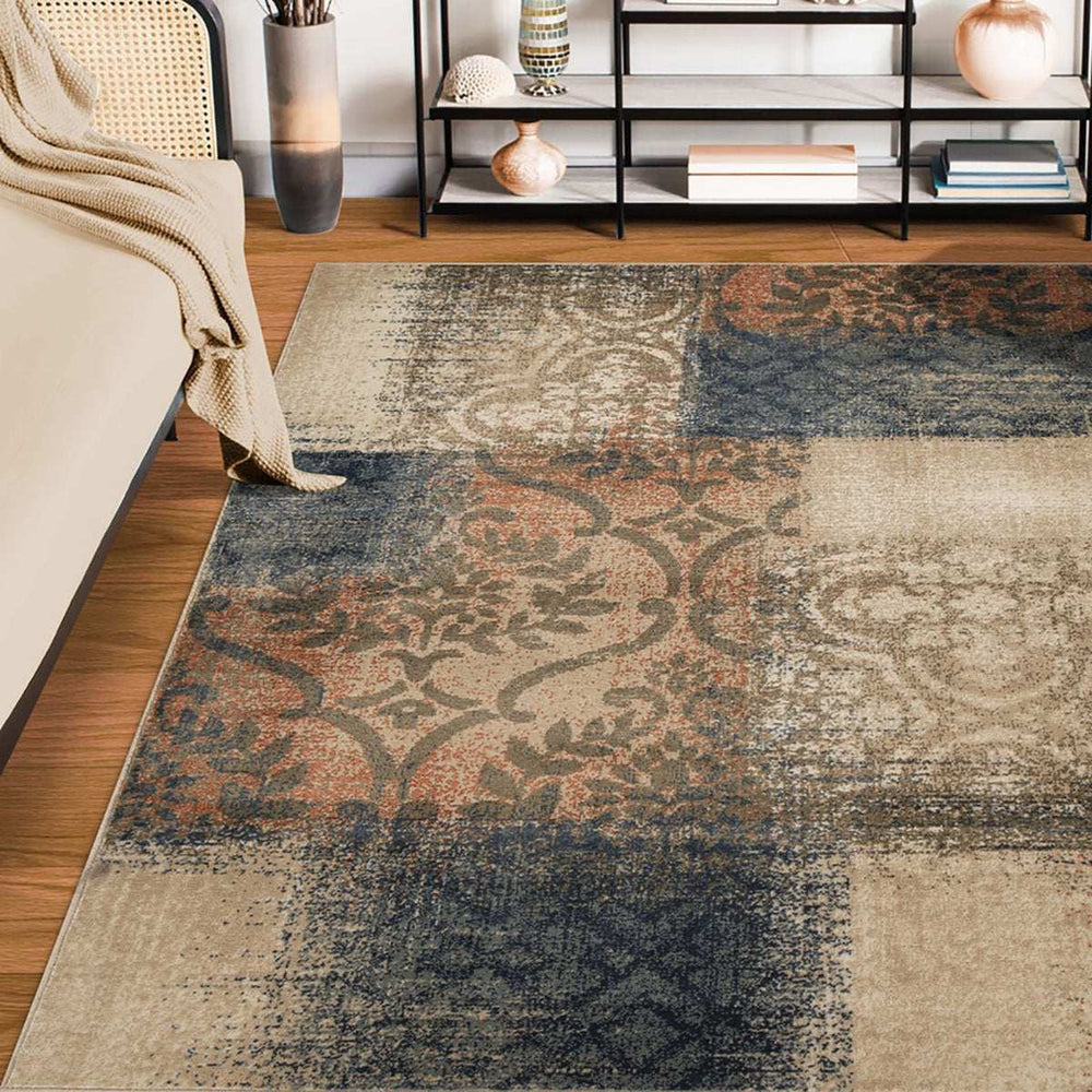 7' X 9' Navy And Salmon Damask Distressed Stain Resistant Area Rug - Homeroots - Flyclothing LLC