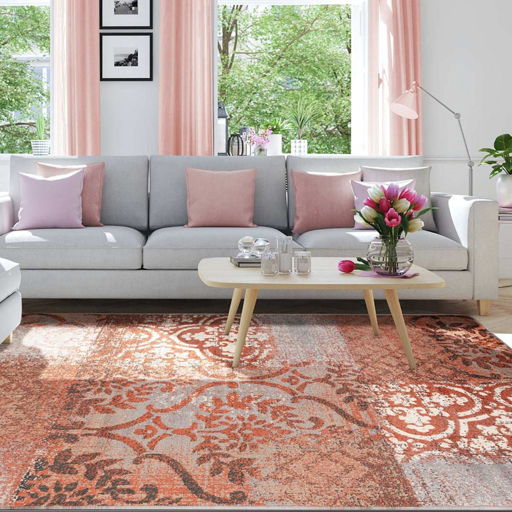 7' X 9' Rust And Gray Damask Distressed Stain Resistant Area Rug - Homeroots - Flyclothing LLC