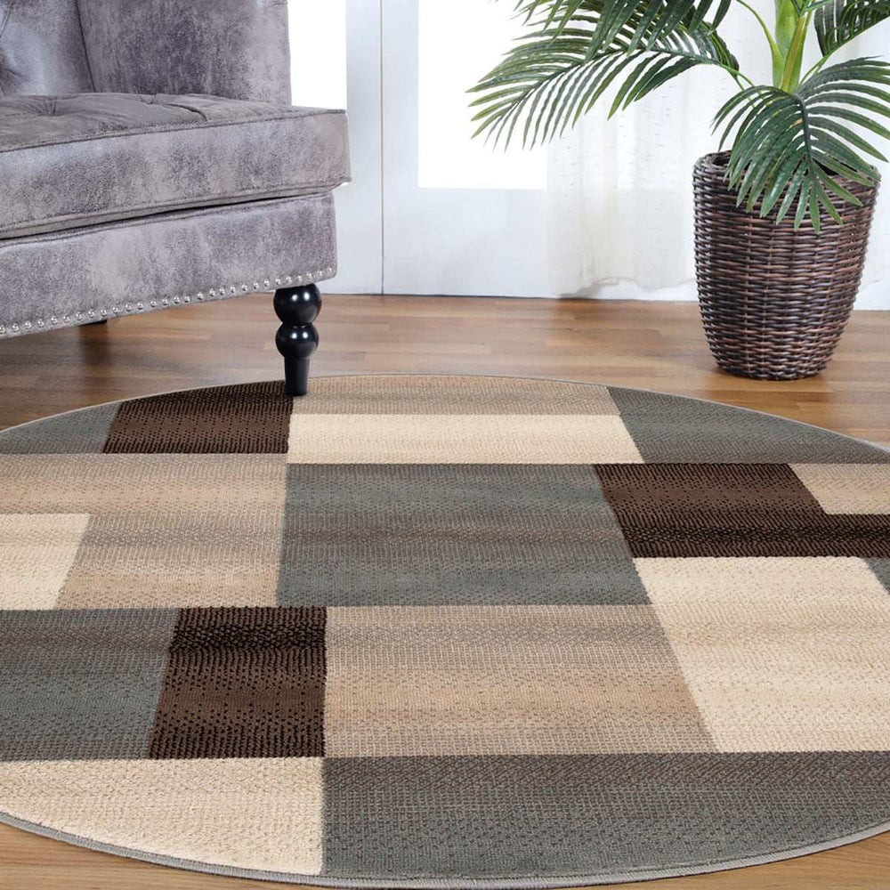 5' Round Grey-Brown Round Patchwork Power Loom Stain Resistant Area Rug - Homeroots - Flyclothing LLC
