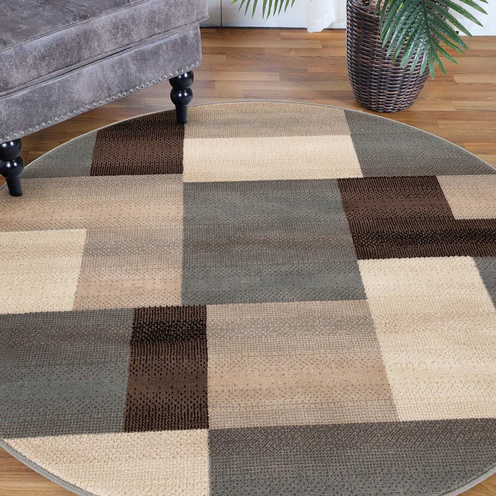 5' Round Grey-Brown Round Patchwork Power Loom Stain Resistant Area Rug - Homeroots - Flyclothing LLC