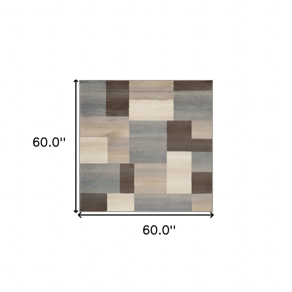 5' Square Grey Square Patchwork Power Loom Stain Resistant Area Rug - Homeroots - Flyclothing LLC