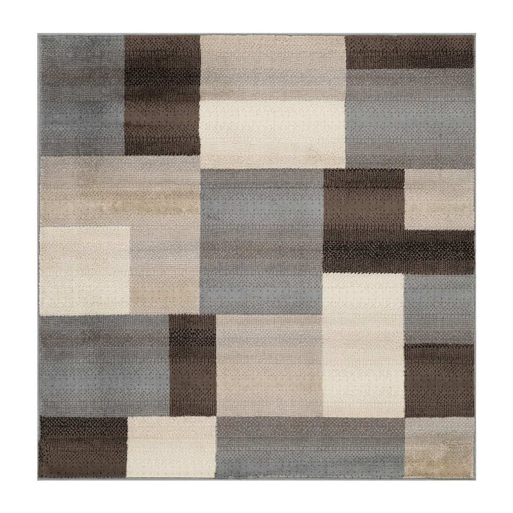 8' Square Grey-Brown Square Patchwork Power Loom Stain Resistant Area Rug - Homeroots - Flyclothing LLC