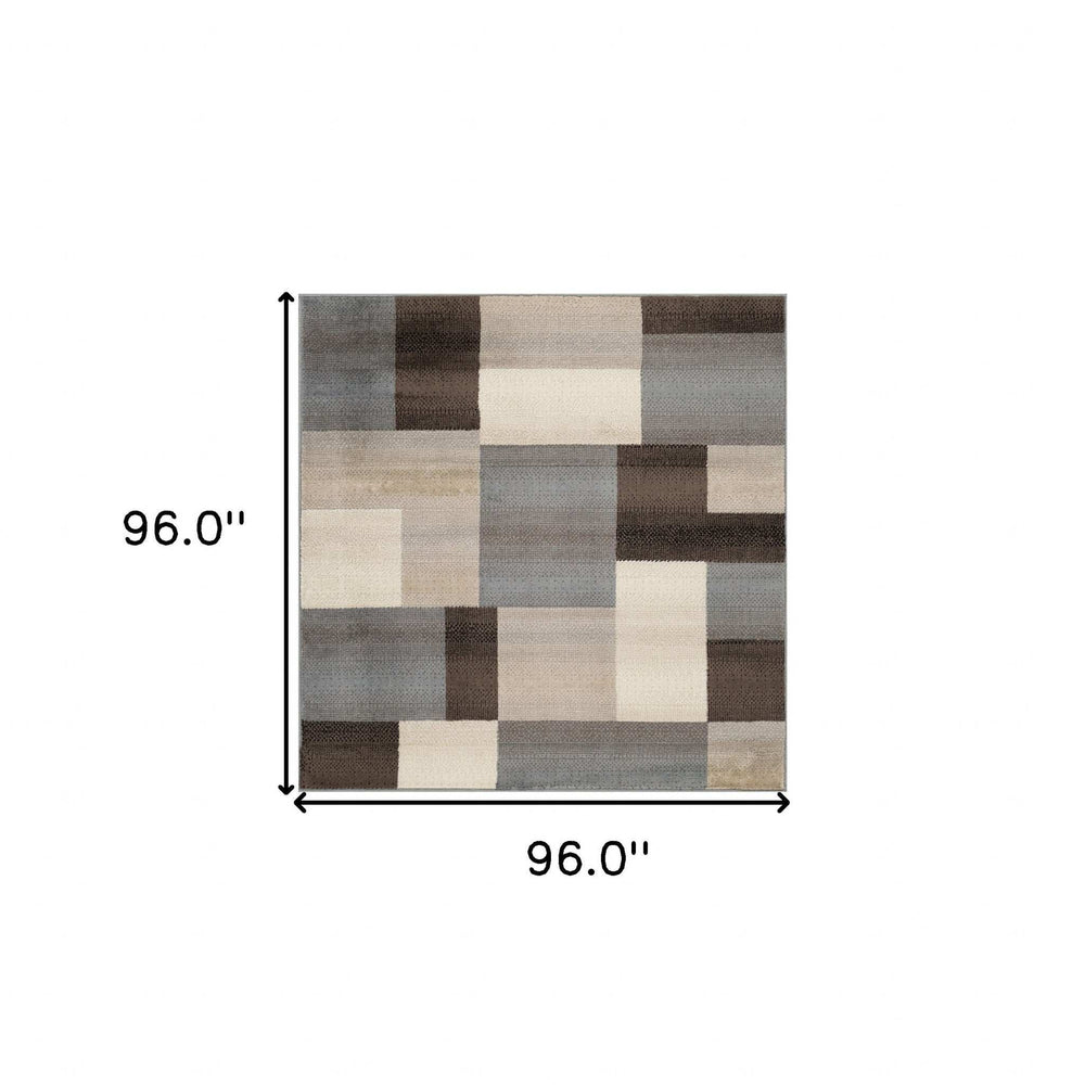 8' Square Grey-Brown Square Patchwork Power Loom Stain Resistant Area Rug - Homeroots - Flyclothing LLC