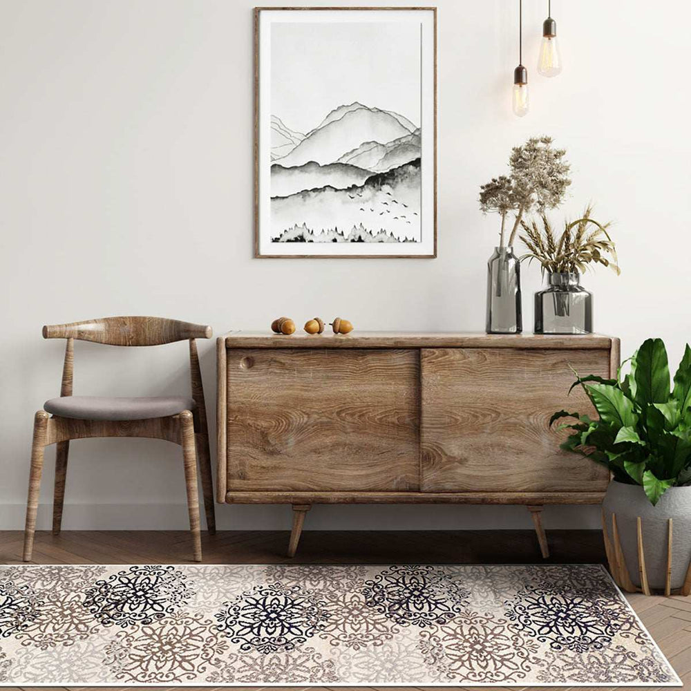 12' Tan Gray And Black Floral Medallion Stain Resistant Runner Rug - Homeroots - Flyclothing LLC