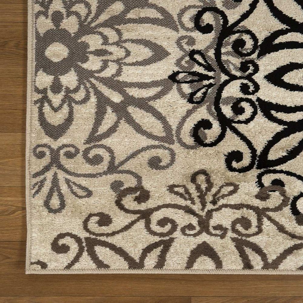 12' Tan Gray And Black Floral Medallion Stain Resistant Runner Rug - Homeroots - Flyclothing LLC