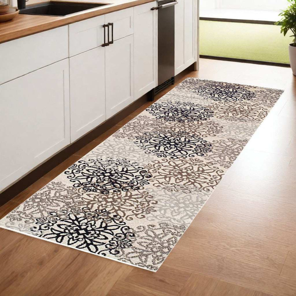 8' Tan Gray And Black Floral Medallion Stain Resistant Runner Rug - Homeroots - Flyclothing LLC