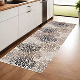 8' Tan Gray And Black Floral Medallion Stain Resistant Runner Rug - Homeroots - Flyclothing LLC