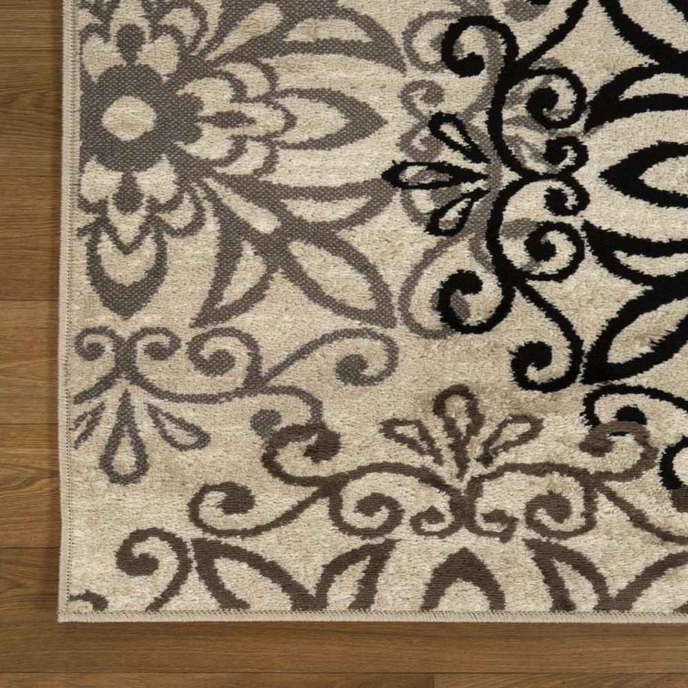 11' Tan Gray And Black Floral Medallion Stain Resistant Runner Rug - Homeroots - Flyclothing LLC