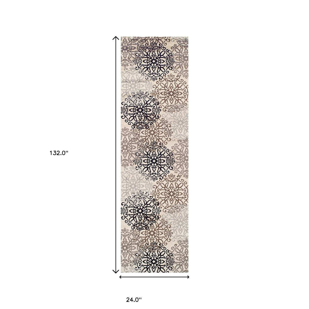11' Tan Gray And Black Floral Medallion Stain Resistant Runner Rug - Homeroots - Flyclothing LLC