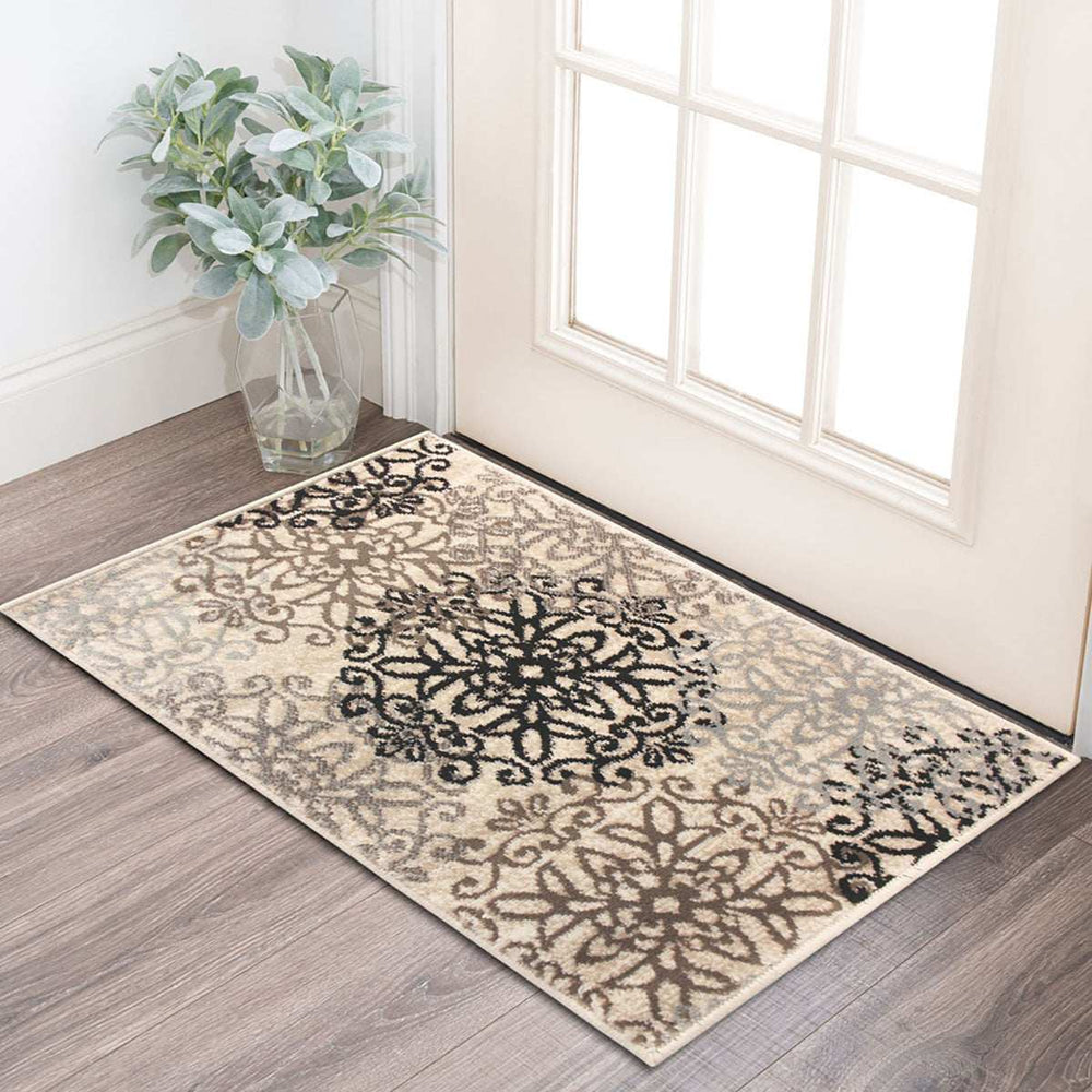 2' X 3' Tan Gray And Black Floral Medallion Stain Resistant Area Rug - Homeroots - Flyclothing LLC